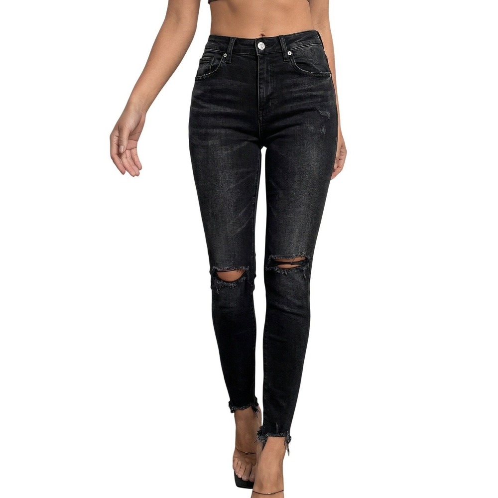Moussy Vintage Skinny Jeans Women 24 Black Excellent Distressed Raw Hem 010BSC12